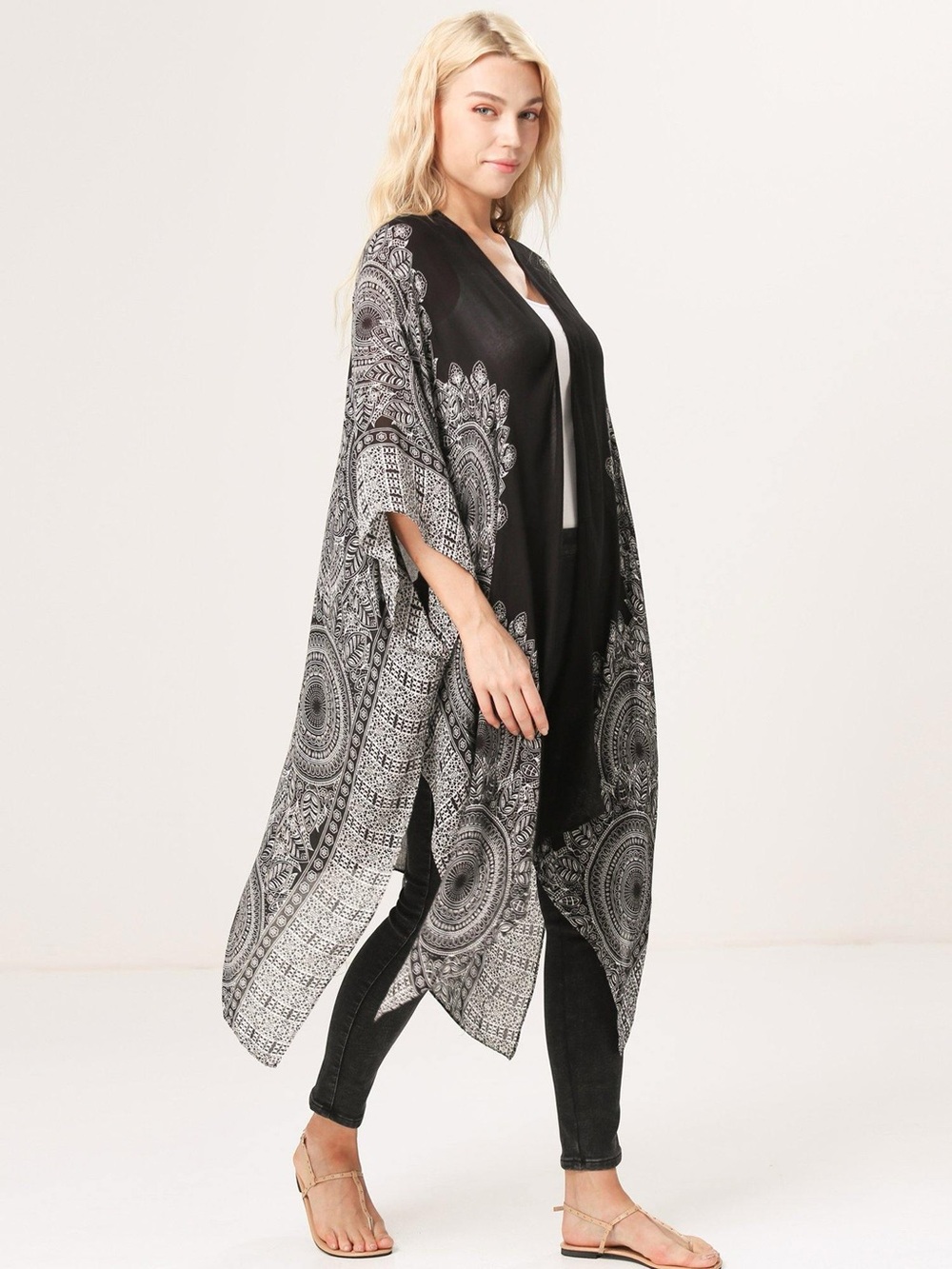 Moss Rose Black Ribbon Print Kimono